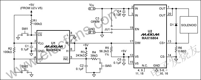 数字驱动电路提供了一个比例电磁铁驱动器 www.elecfans.com