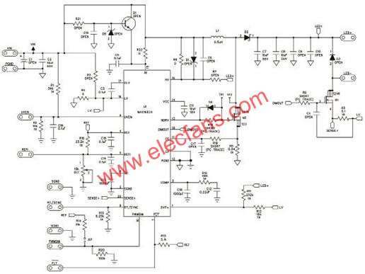 图2 MAX16834评估板电路图  www.elecfans.com