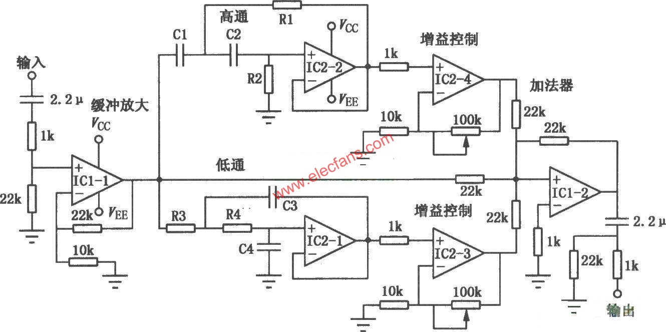 运放型BBE处理器电路图  www.elecfans.com